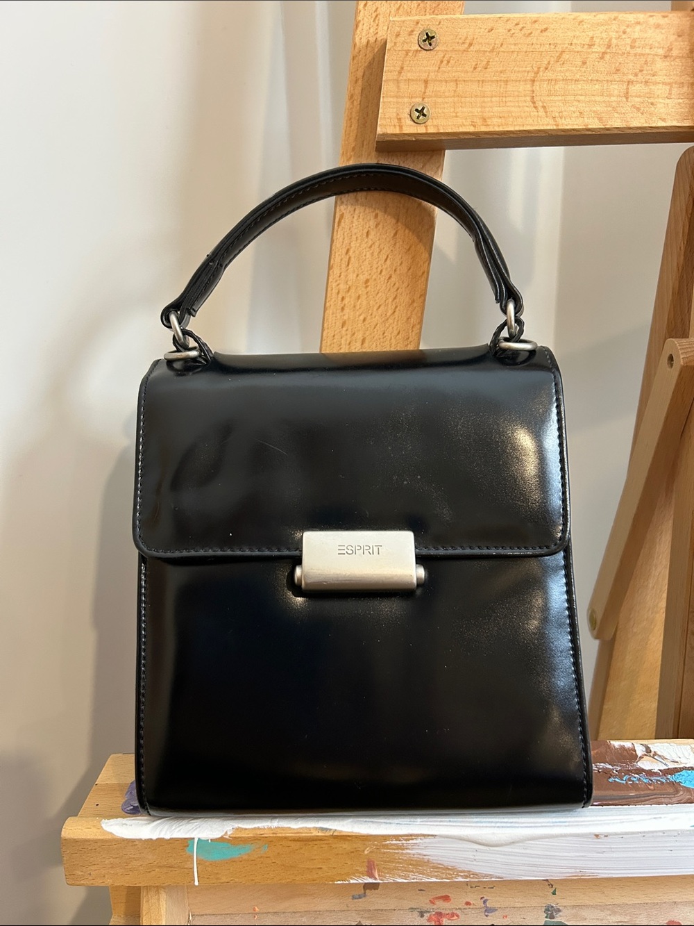 VINTAGE Y2K Esprit 90s Minimalist Top-Handle Glossy Black Satchel with Clasp